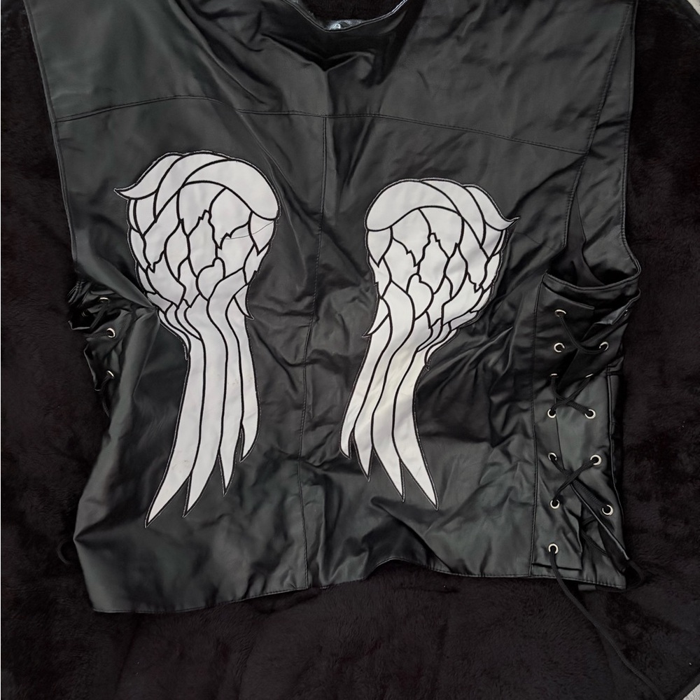 Black Faux Leather Women's Vest with White Angel Wing Appliqué